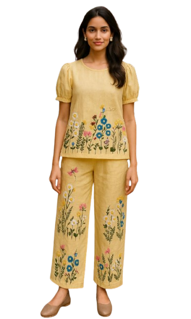 Woman wearing yellow floral embroidered outfit standing on brick pathway.